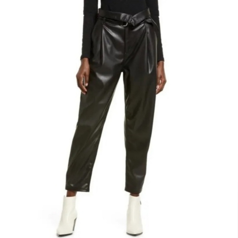 Open Edit Faux Leather Foldover Waist Pleated Pants Black Small